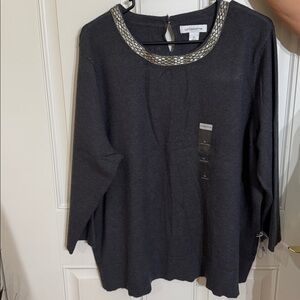 Liz Claiborne Charcoal Top with Beaded Neckline